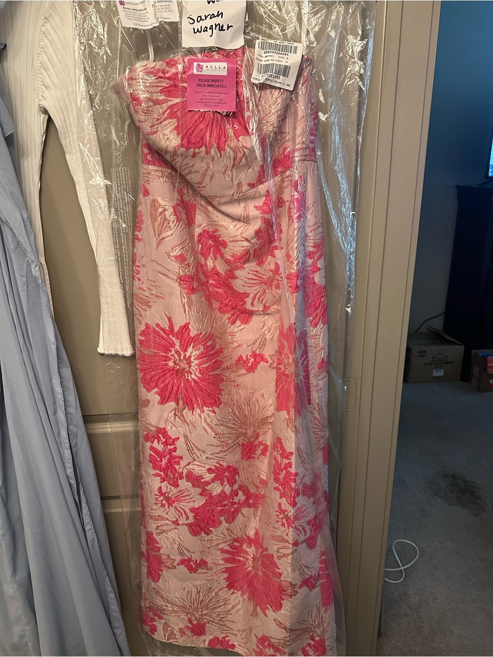 Dessy Group HIBISCUS PINK STRAPLESS FLORAL JACQUARD COLUMN DRESS WITH BACK SLIT